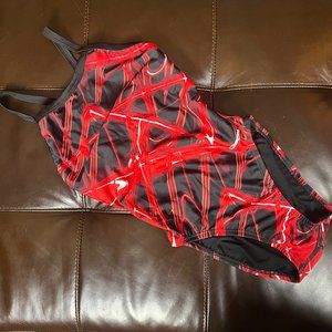 Waterpro One Piece Thin Strap Swimsuit Size 28 Black with Red and White Lines